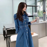 Autumn 2022 New Fashion Vintage Denim Lapel Collar Single-Breasted High Elastic Waist Casual Long Dress Female