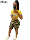 Summer Clothes Streetwear 2 Two Peice Sets Outfits Women Short Sleeve Crop Top Camouflage Shorts Mesh Yellow Matching