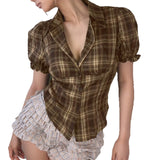 College Style Retro Check-Colored Bubble Sleeves Slim Slim Collar Buckle Short-Sleeved Shirt