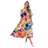 Women's Summer New Flower Print Bubble Sleeve A-Shaped Long Dress Temperament
