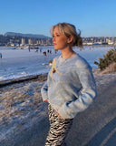 Korean Women Sweater Wave Print Causal Knitted Pullovers Female Jacquard Loose Blue Tops 2021 Autumn Winter Oversized