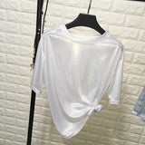 stylish bright silk woman tops shiny loose short sleeve t-shirt sexy club aesthetic harajuku women