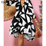 Print A-line Dress Women V-neck Long Sleeve Big Hem Loose Vintage Dress 2022 Elegant Ladies Party