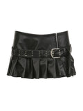Rivet Belt Pleated Slit Leather Mini