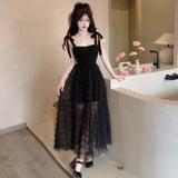 Woman Dress Sleeveless Bandage Bow Mesh Patchwork Layered 2024 Summer Elegant Dresses Party Ladies Black Temperament-Outfit