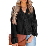 Blouses For Women Fashion Lace Patchwork V Neck Long Sleeve Office Work Shirts Tops Lady Oversized Casual Chiffon