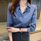 Lady Solid Silk Shirt Blouse Tops Long Sleeve Shirts Blouses for Women Silk Shirts Women Satin Clothing Plus Size