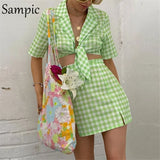E Grils Women Green Plaid Y2K Summer Skirt Set 2021 Short Sleeve Tops And Mini High Waisted Skirt Dres Two Piece