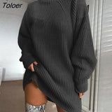 Winter Warm Oversized Turtleneck Long Sweater Dress Women Thick Loose Beige Knitted Pullovers Korean Tunic Stripe