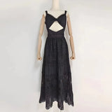 Sexy Cut Out Sling Dress For Women V Neck Sleeveless High Waist Lace Panel Solid Midi Dresses Female Summer