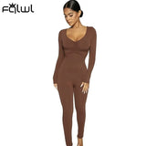 Fall Summer White Black Sexy Bodycon Jumpsuit Women V Neck Ruched Long Sleeve Winter One Piece Outfits 2021 Brown