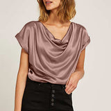 Celmia 2022 Stylish Women Short Sleeve Satin Tops Summer Blouse Cowl Neck Tunic Shirt Elegant Casual Solid Party Blusas