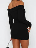 Slash Neck Off Shoulder Short Mini Pencil Dress for Women 2023 Long Sleeve Spring Fall Ribbed Slim Fit Dress Vestidos-Outfit