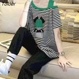 Woman Tshirts Fashion One-word Neck Short Sleeve Tshirt Cartoon Off-the-shoulder Top Design Aesthetic Clothes Women