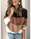 2021 autumn and winter new solid color stitching knit sweater top casual contrast color round neck sweater