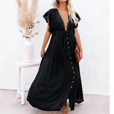 Beach Maxi Dress Women Deep V Neck Backless Ruffles Short Sleeve Dresses Casual Pleated Drawstring Party Long