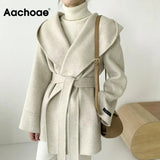 Aachoae Women Solid Color Wool Coats With Belt Long Sleeve Hoodie Pockets Coats Female Chic Elegant