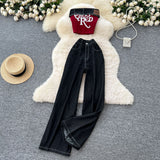 A Female Summer Dress Sexy Hottie Letter Embroidered Sleeveless Chest Vest High-Waisted Denim Casual Broad