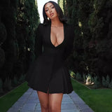 Women's Autumn And Winter Explosion Of Pure Color Long Sleeves Sexy Deep V-Neck Suit Dress