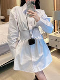 TWOTWINSTYLE White Mini Dress For Women Lapel Long Sleeve High Waist Solid Dresses Female Spring Clothing Fashion Style New