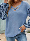 Autumn and Winter New Vneck Long Sleeves Pullover Women Blouse Splicing Knitted Leopard Print Female Thick Sweaters