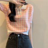 Color Polo Collar Short-Sleeved Knitwear Summer 2025 New Fashion Temperament Loose Chic Lattice Blouse Female