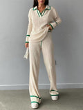 Color Knitted Trousers Suits Lape Knit Pullovers And Drawstring Pants Women 2 Piece Set Female Elegant Casual