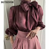 Elegant Chic Turtleneck Lace-up Solid Blouses Tops for Women Full Sleeve Loose Female Pullovers Shirts 2021