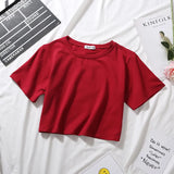 Summer Short Sleeve T Shirts Women Cotton Solid T-shirt O Neck High Waist Crop Top Tee Female Casual Loose T Shirt-Outfit
