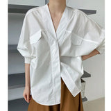 Women White Big Size Shaped Blouse New V-collar Long Sleeve Loose Fit Shirt Fashion Tide Spring Autumn 2023