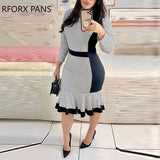 Women Elegant Chic Polka Dot Patchwork Round Neck Wrist Mermaid Bodycon Midi Working Dress-Outfit
