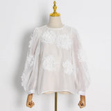Loose Patchwork Floral Shirt For Women Round Neck Lantern Sleeve Solid Blouses Female Spring Clothes Style New