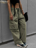 Vintage Loose Green Cargo Pants Women Fashion Lace-Up Straight Pants Streetwear Chic Full Length Trousers Female