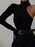 2022 Spring Sexy One Shoulder Ribbed Bodysuit Women Tops Clothes Skinny Hollow Out Elegant Knitted Bodysuits