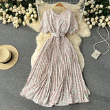 Women Summer Pleated Print Dress 2022 Vacation Sashes Floarl Gentle Short Sleeves Ladies Slim A Line Long