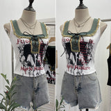 Shooting Hottie Hairy Denim Spliced Printed Vest With Bows Short Sleeveless Top