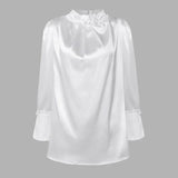 Satin Blouses Women Elegant Long Sleeve Silk Tops Pearl Stand Collar 2022Office Lady Shirts Solid Casual Party