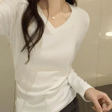 Style Ins Solid Color V-Collar Long-Sleeved Bottomed T-Shirt For Women In Autumn And Winter-Outfit