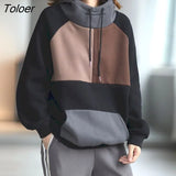Hoodies Women Plush Thicken Splicing Color Contrast Hoodie Autumn Winter Trendy Hooded Jacket Korean Loose Casual