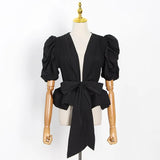 Elegant Loose Women Shirt V Neck Puff Half Sleeve Tunic Lace Up Bow Patchwork Ruffles Blouse Female Fashion