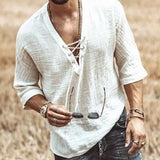 Halloween Costume Hippie Linen Shirt Casual Middle Sleeve V Neck Summer Loose Tee Tops Solid Color T Shirts 2021