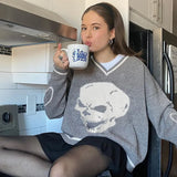 Punk Print Vintage Y2K Knit Sweater V Neck Long Sleeve Casual Jumper Ladies Autumn Winter Korean Pullover