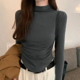 Collar Head Pure Desire Long-Sleeved Pleated Blouse Women's Autumn And Winter New Tight Waist Shirt-Outfit