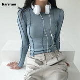 Korean Fashion Ribbed T-shirts Sexy Slim Long Sleeve Tshirts Chic Streetwear Kpop Designer Clothes Solid Tight Tops