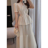 quality 2022 Temperament Elegant Two Piece Set Summer Women V-Neck Pocket Lace Up Top + Pleated Long Skirts Vintage