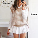 Houndstooth knitted sweater vest women V neck sleeveless oversized pullover vintage Fall winter female waistcoat