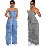 Women's Denim Cloth Jumpsuit Women's Fashion Babes Breasts Multi-Pocket Work