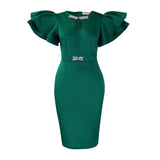 Summer Round Collar Lotus Sleeves Nailed Diamond Bag Hip Dress Party Party Emptiness