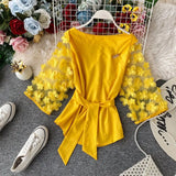 Slash Neck Women's Blouse Tops Mesh Splice Sashes Half Sleeve Female Blouse 2021 Summer Fashion Casual Elegant