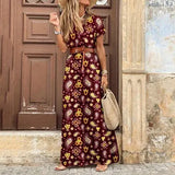 Boho Long Dress for Women V Neck Short Sleeve Paisley Print Belt Large Hem Beach Long Dress Elegant Women's Dress